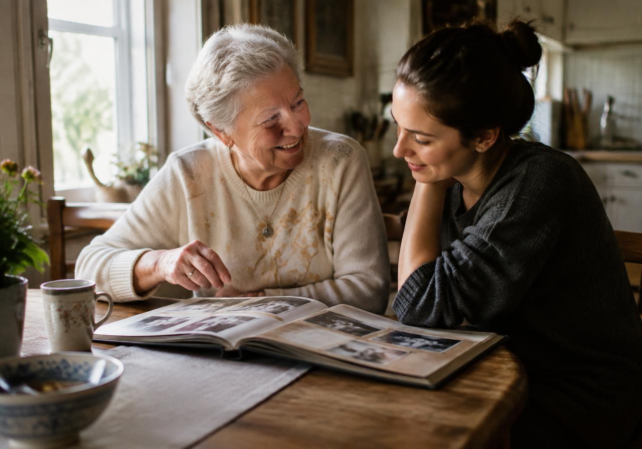 Grandmother sharing stories with her daughter